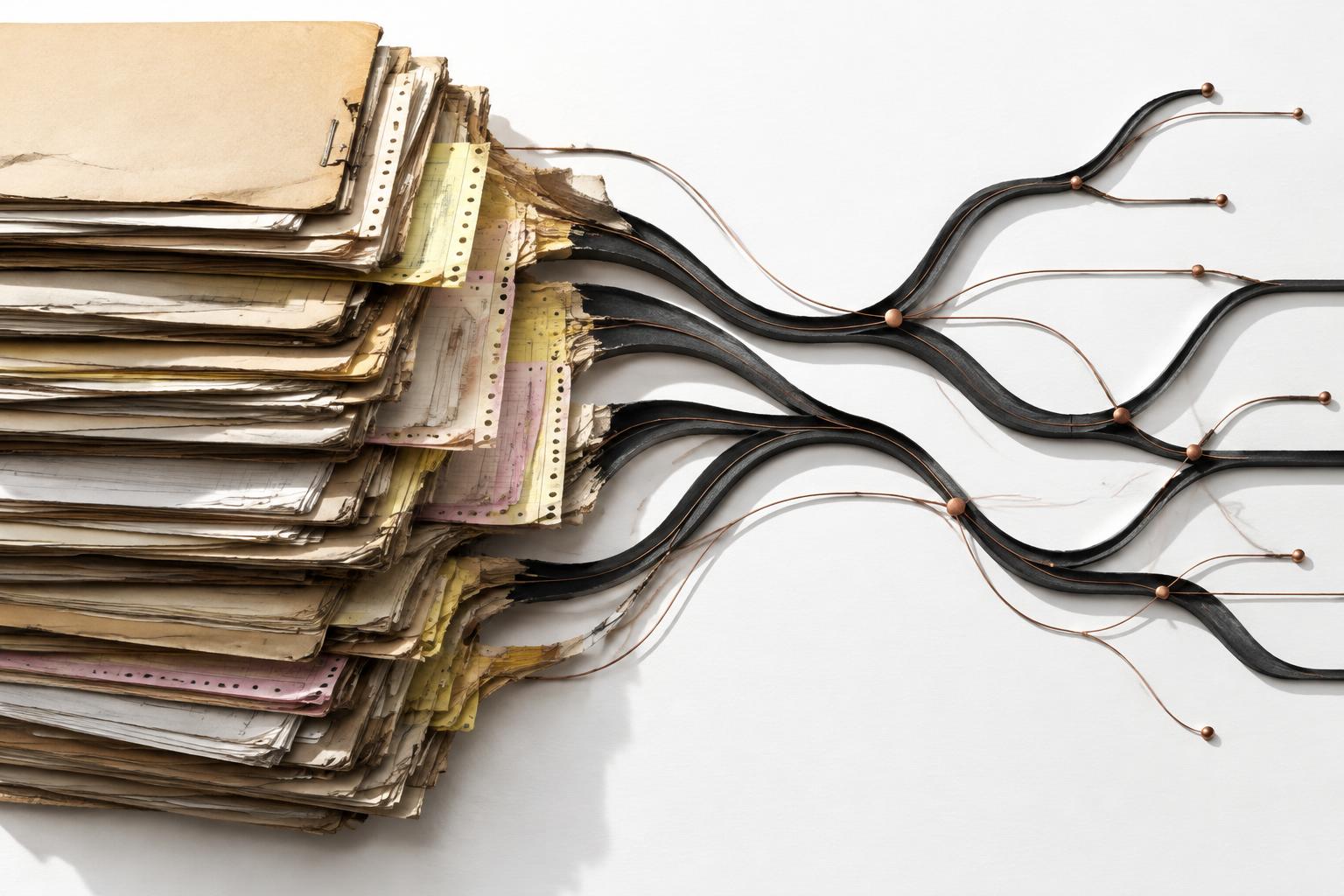Archival claim files branching into connected charcoal channels and copper threads