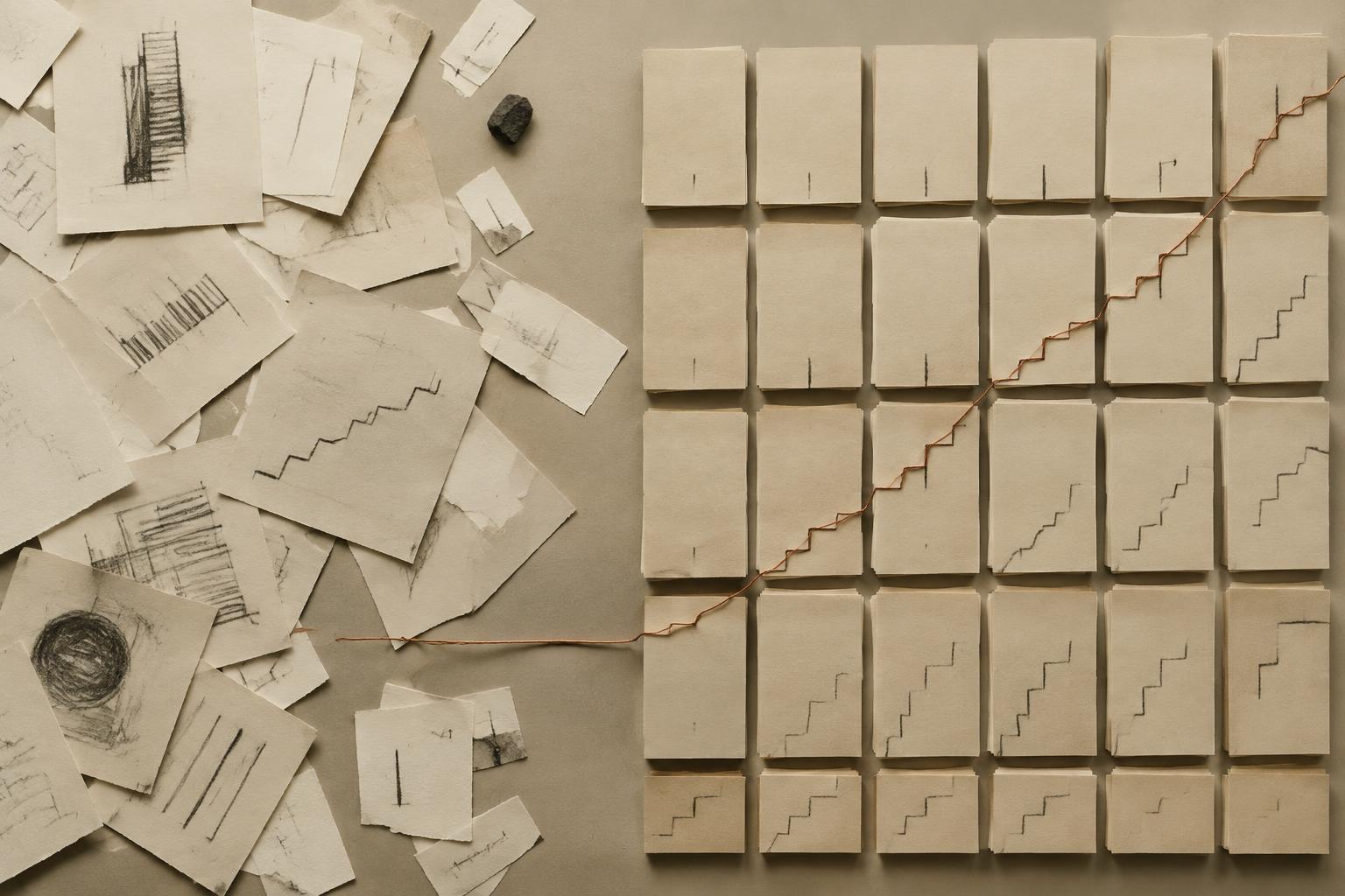 Scattered paper sketches resolving into a measured grid with a copper thread rising like a chart line