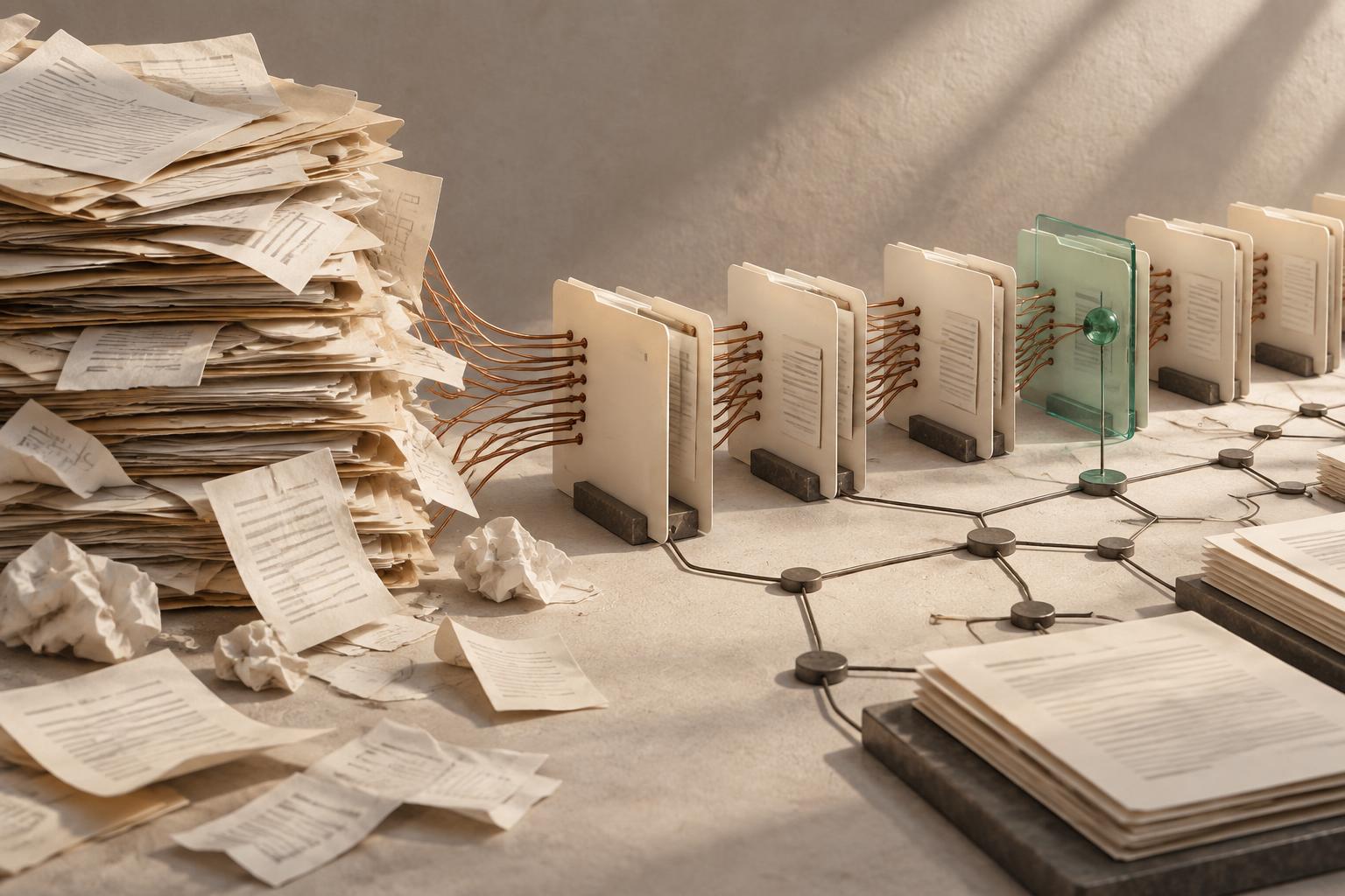 Claims paperwork connected to an ordered network of folders and monitoring points