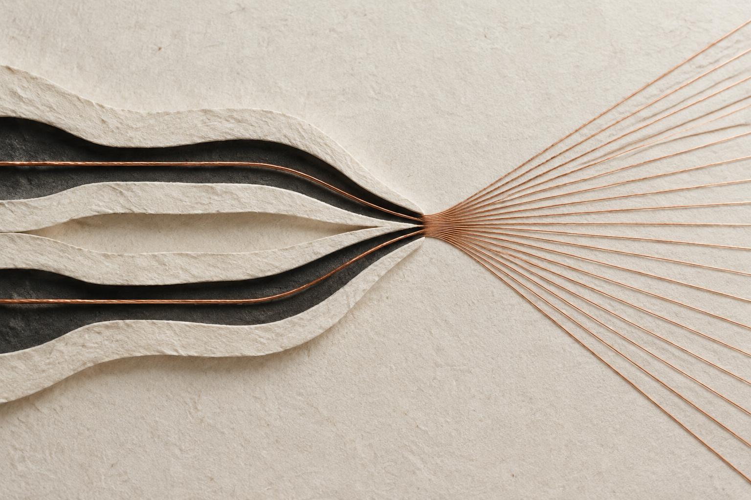 Two parallel paper channels with copper threads converging and fanning out evenly across a flat field