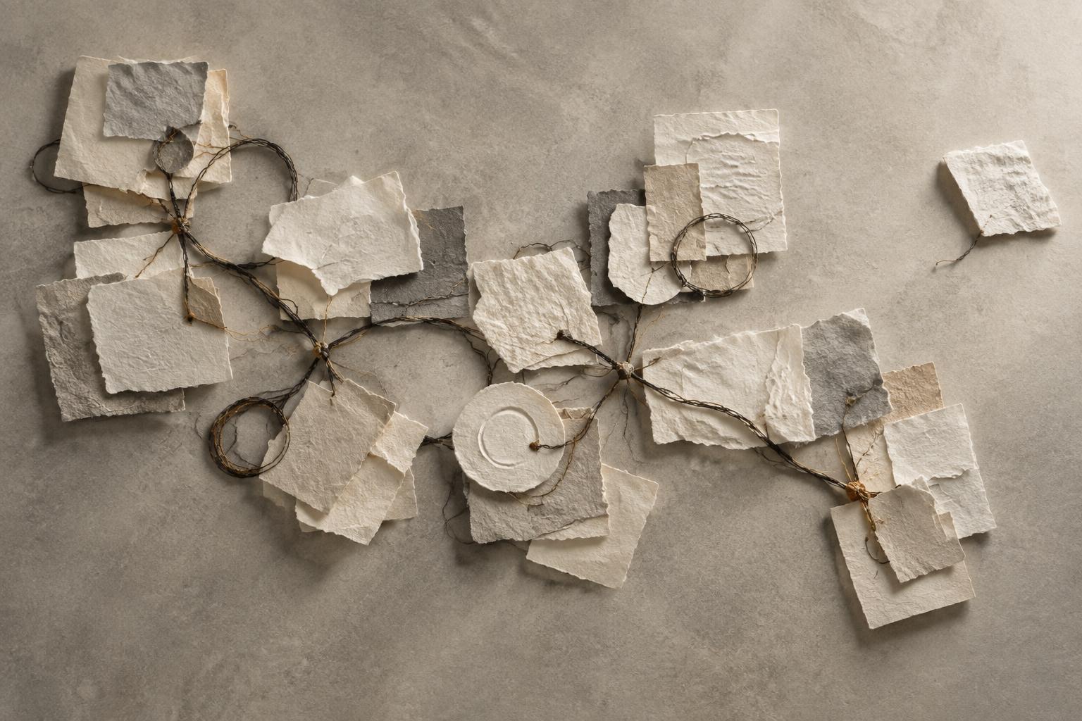 Handmade paper records connected by a branching thread across a complete workflow