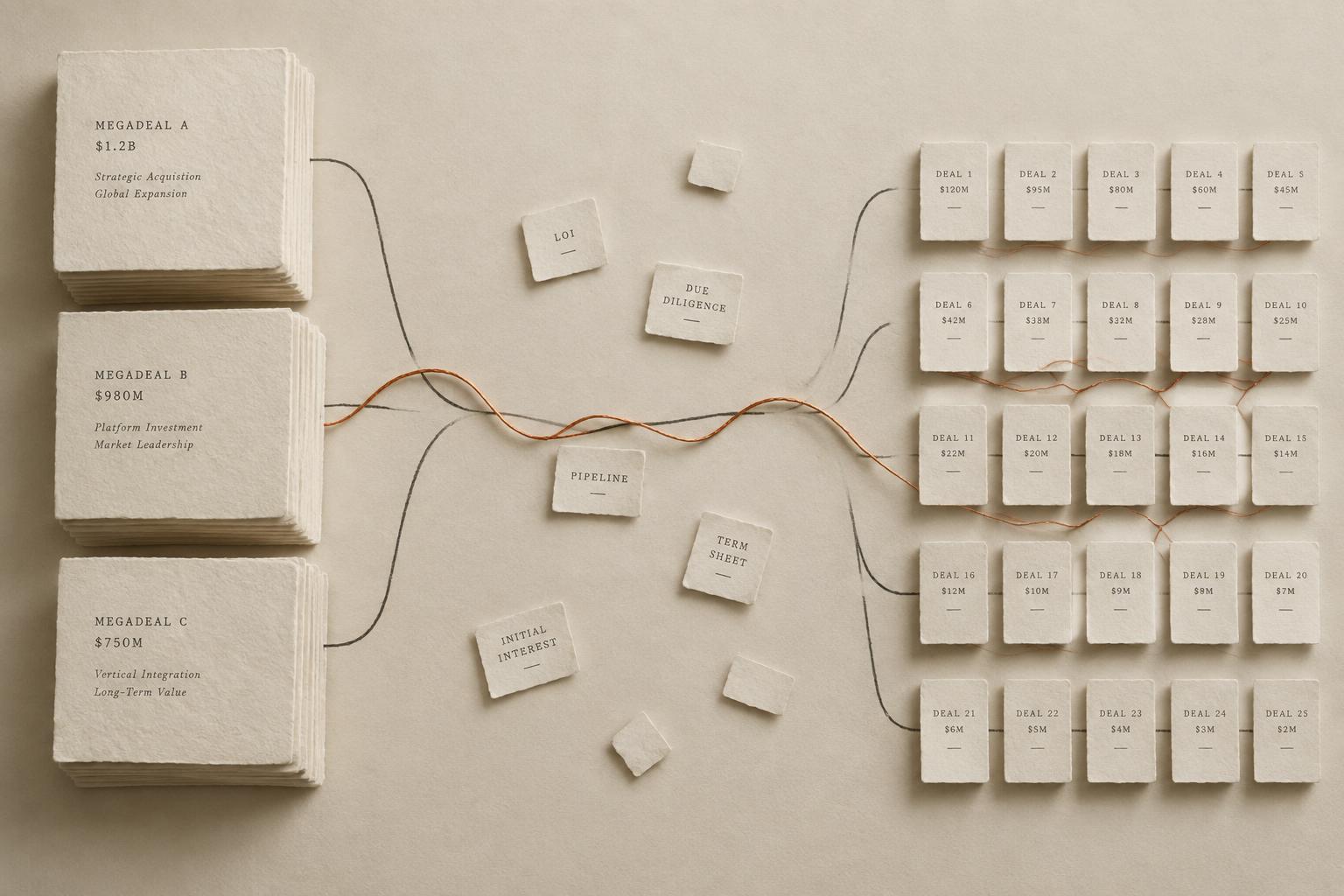 Paper cards arranged as a deal pipeline, with large megadeal stacks on the left connected by ink lines and a copper thread to rows of smaller deals