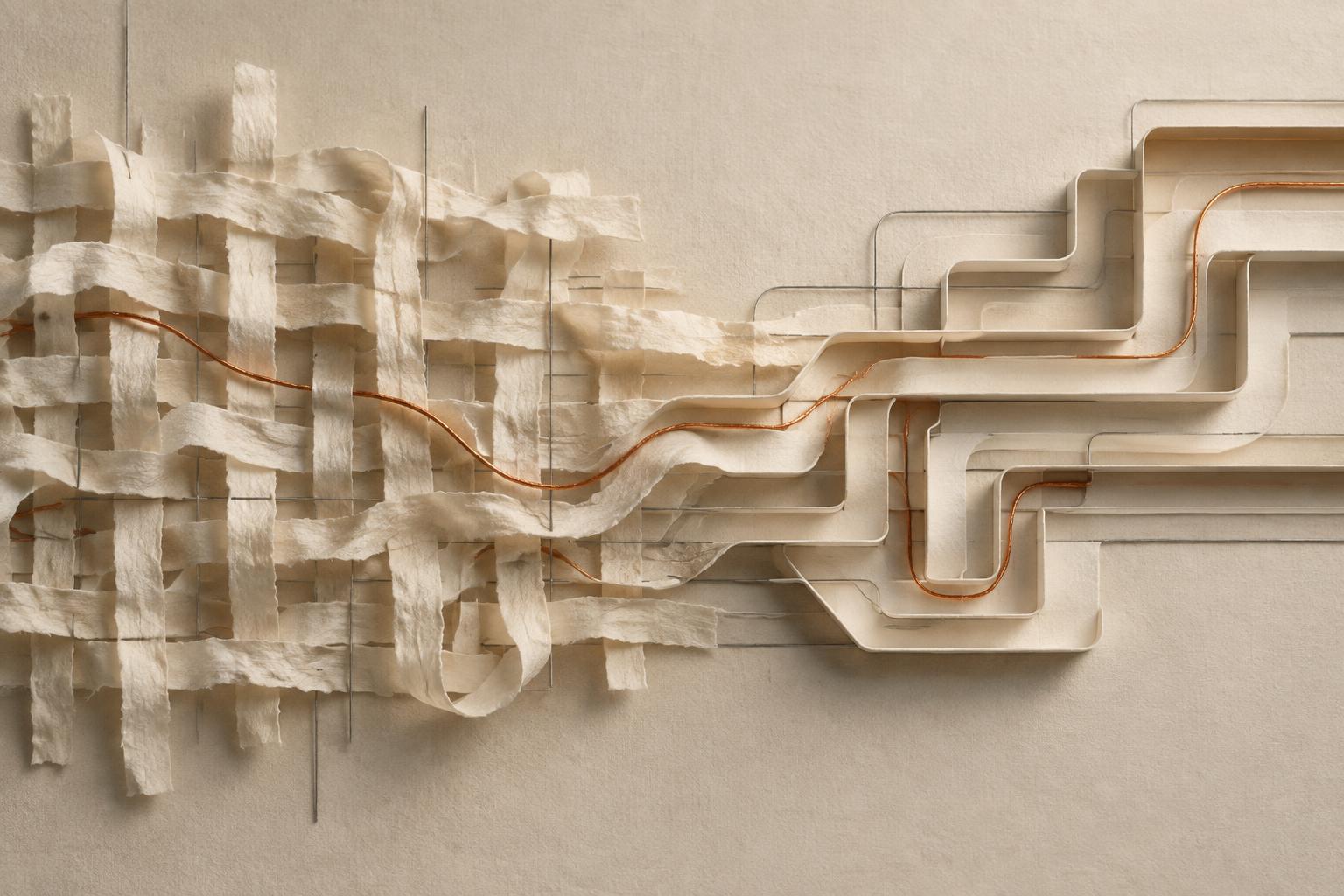 Woven paper and a copper thread becoming layered channels, representing services becoming software