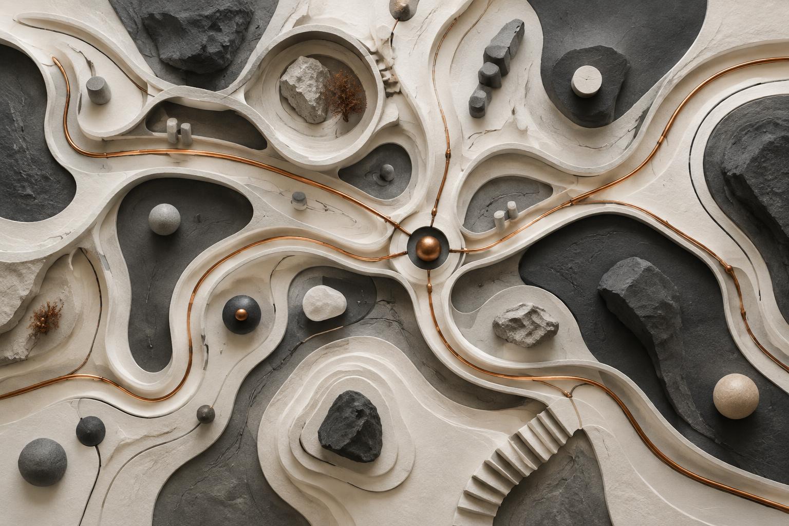 Interconnected curved channels and copper threads running through a sculptural workflow