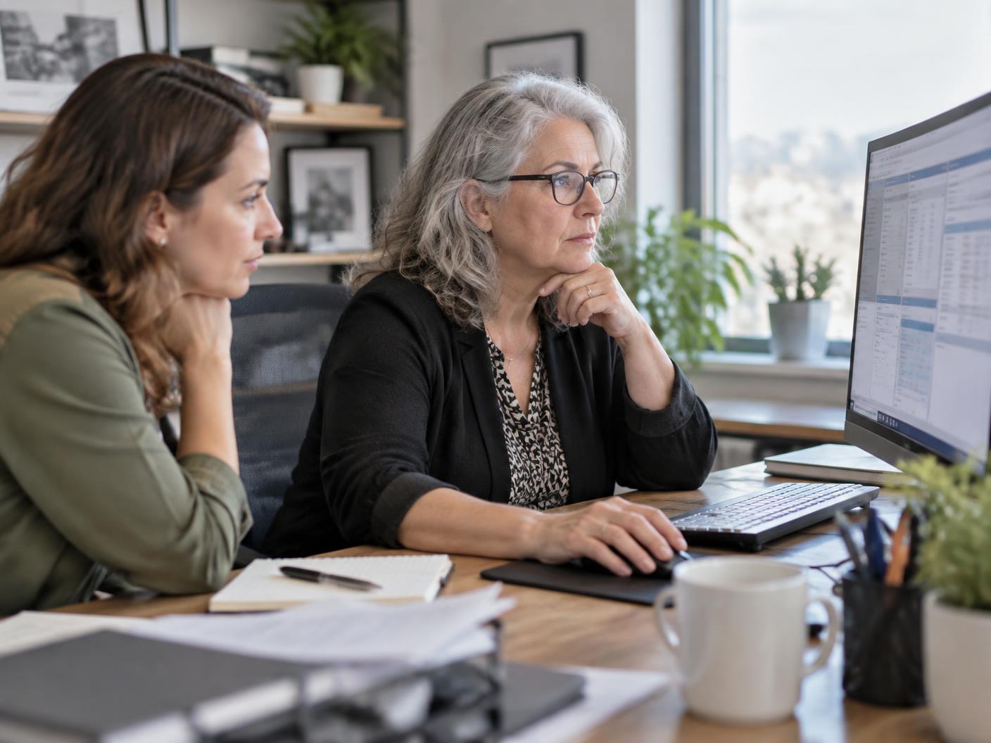 Experienced specialist and colleague reviewing a complex process together at a desktop computer