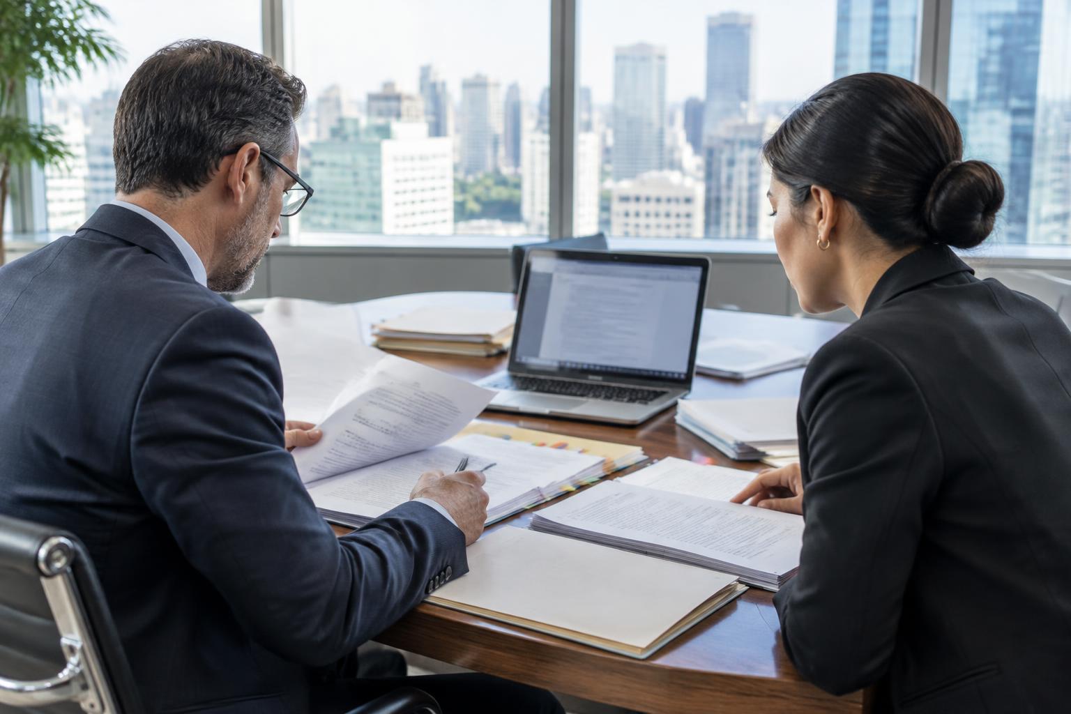 Legal and deal professionals reviewing agreements together