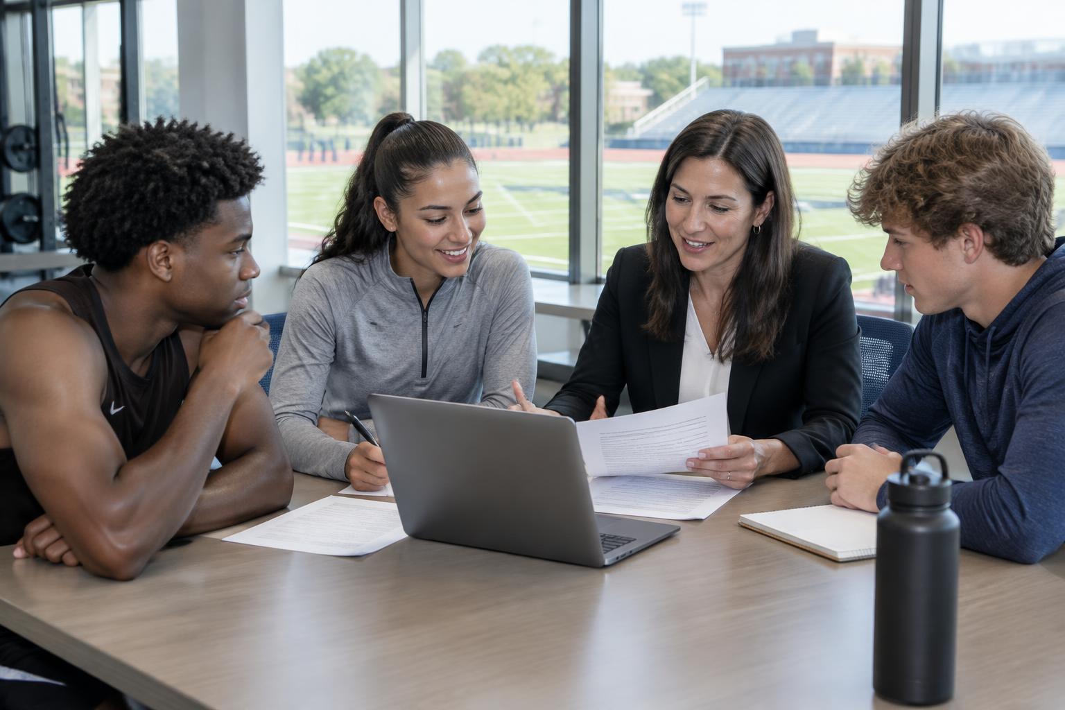 Student-athletes and staff reviewing documents at an athletics facility