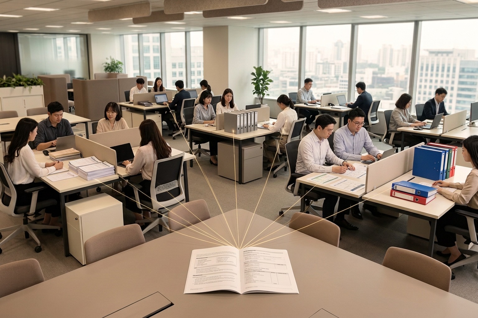 RFP questionnaires and due-diligence forms with ink lines connecting repeated questions to a master answer ledger